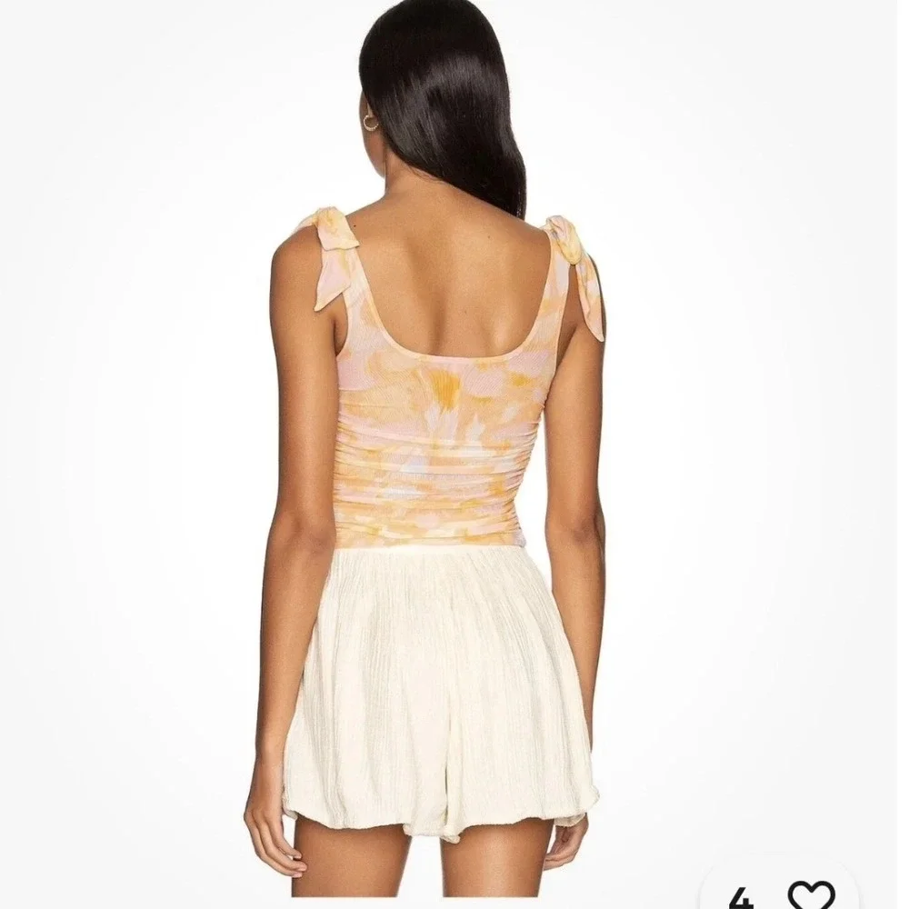 Free People L‎ Avenue Ivory Orange Ruched Mesh Tie Dye Tank Top Boho Summer NWT
